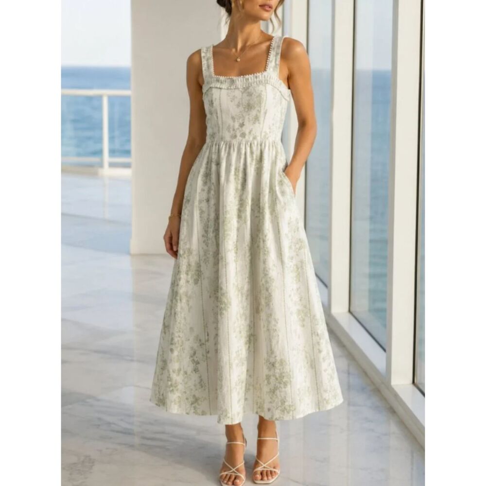 NWT Caroline Constas Medium Green Linen Blend Floral Midi Maxi Dress Cottagecore